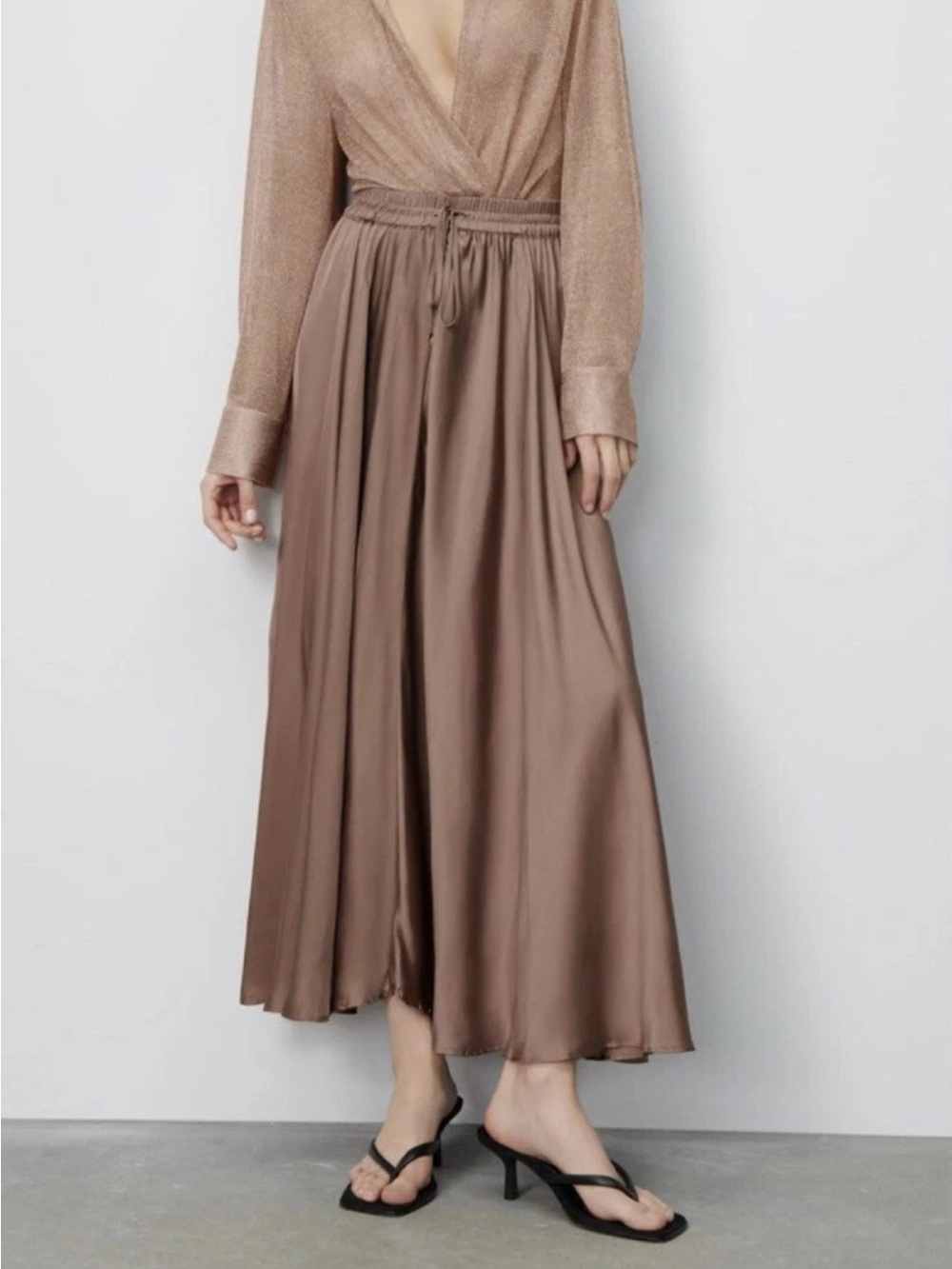 New ZARA SATIN VOLUMINOUS Wrinkle EFFECT DUSTY PINK Large Women’s Maxi MIDI - Picture 2 of 7